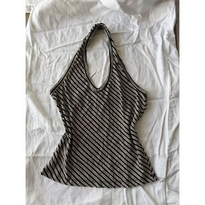 Vintage Y2K Vamp Halter Top Small Black White Striped Diagonal V-Neck 2000s
